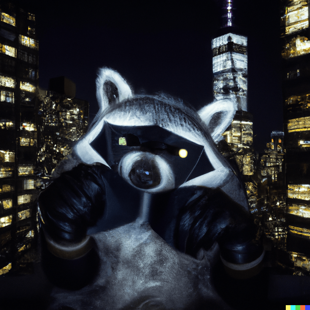 Guilty Pleasure des Werbefotografen 6 DALL·E 2023 01 03 08.42.25 a polaroid of a racoon in a batman costume gotham city at night in the background with a lot of skyscrapers FOTOGRAF Dortmund