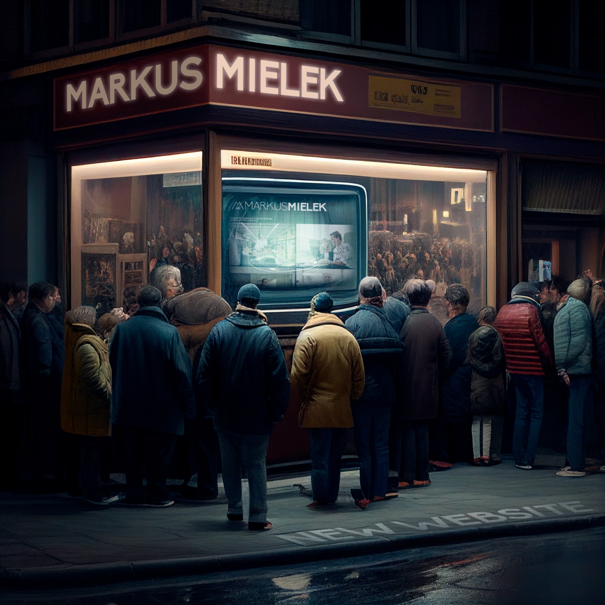 Viele Menschen stehen vor einem Geschäft für Fernseher und schauen alle wie gebannt auf einen leuchtenden Screen mit der neuen Webseite des Fotografen Markus Mielek