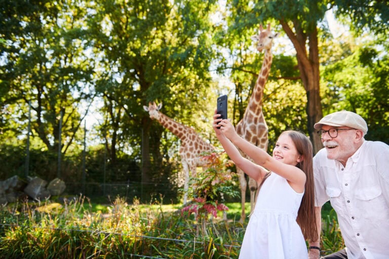 Opa und Enkelin im Dortmunder Zoo posieren mit einer Giraffe für die Fotografie von Markus Mielek für die neue Webseite der Stadt dortmund