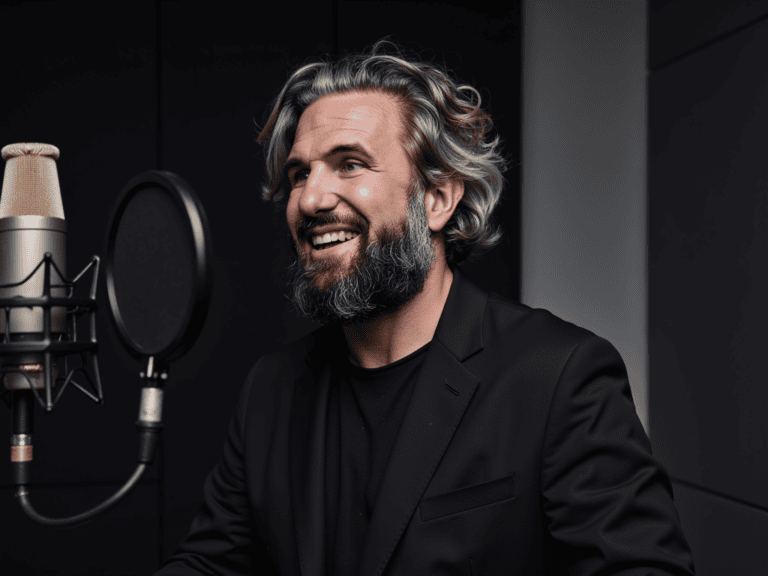 Das KI-generierte Portrait zeigt ein LORA-Model des Fotografen Markus Mielek, der vor einem Mikrofon sitzend einen Podcast aufnimmt.